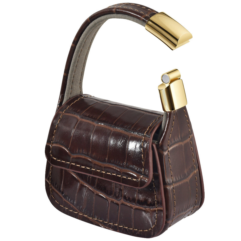 Brown croc embossed AirPods case purse, closed, angled view