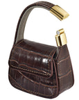Brown croc embossed AirPods case purse, closed, angled view