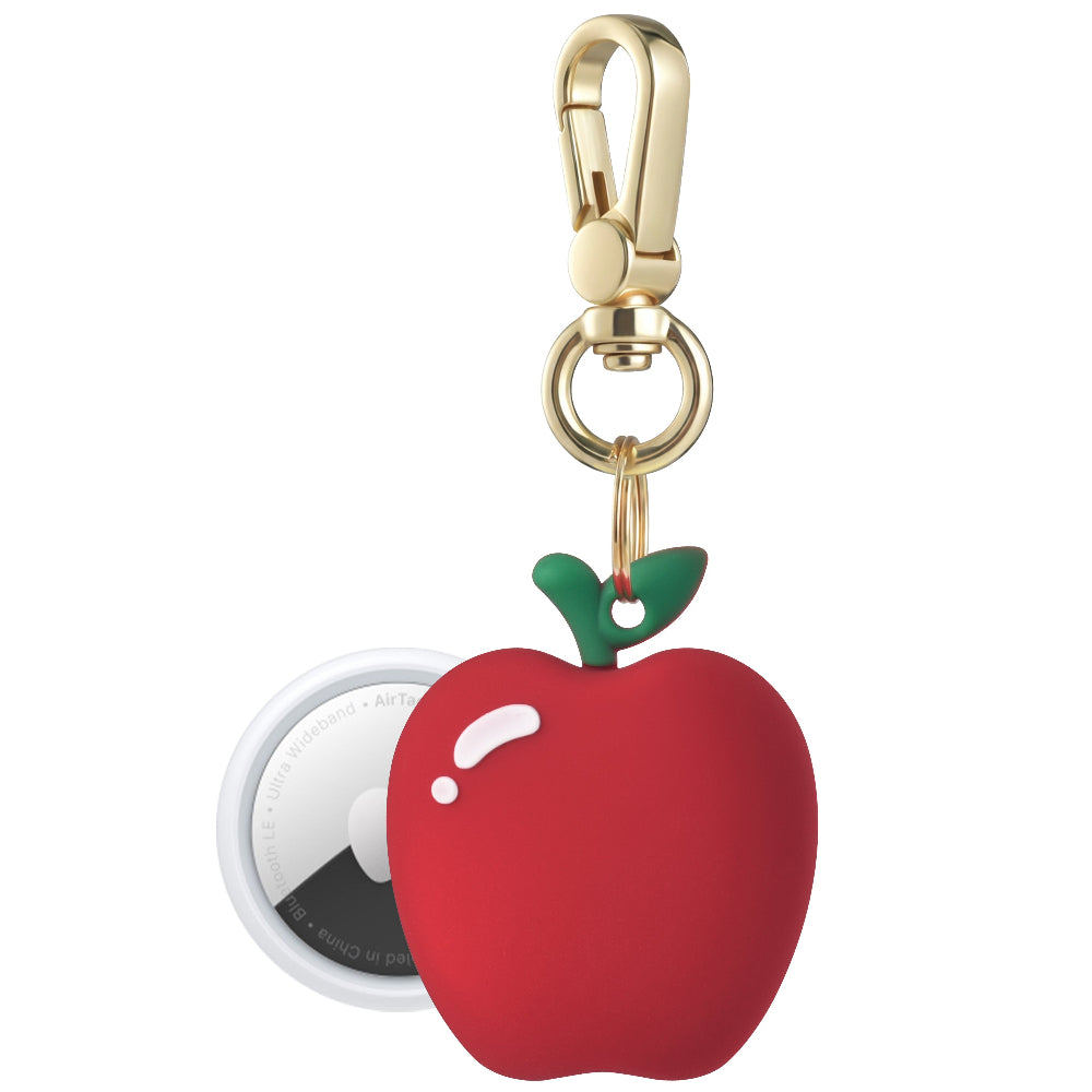 Posh Tech red Apple silicone AirTag bag charm shown with AirTag inserted, green leaf detail
