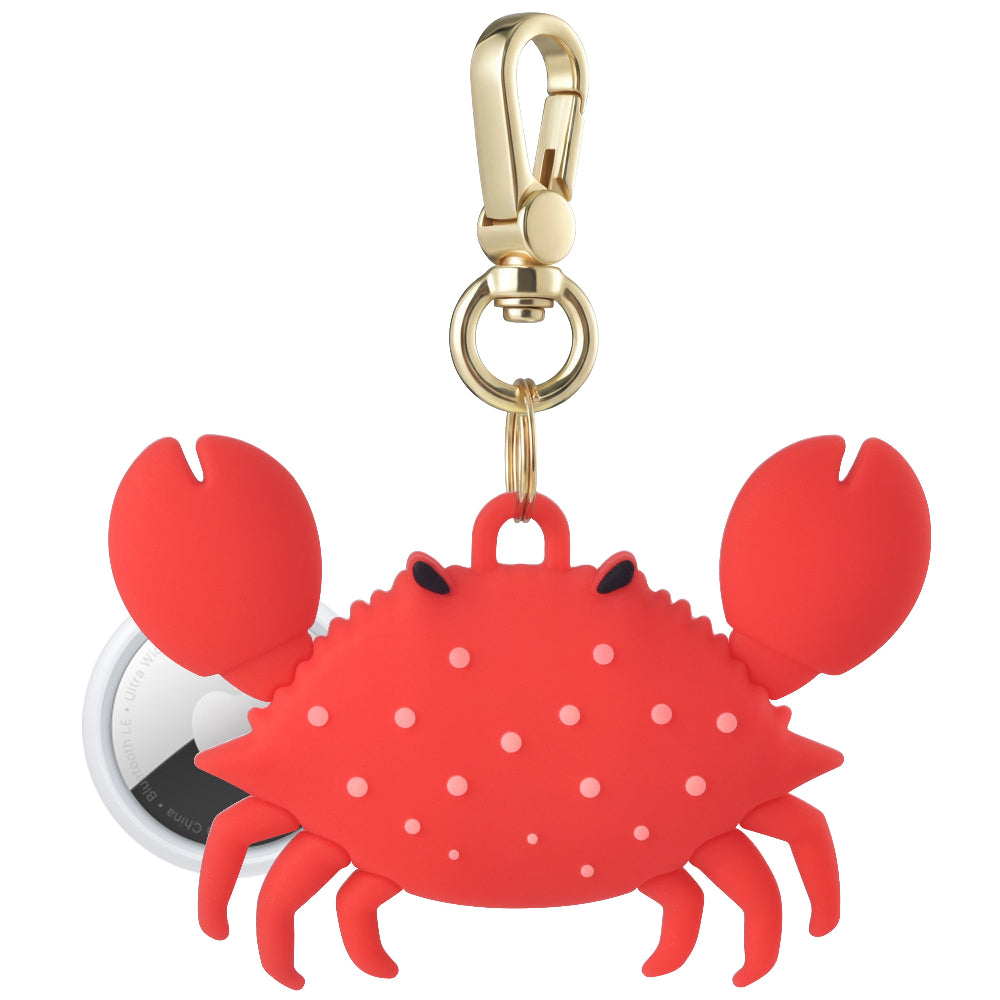 Posh Tech red silicone crab AirTag bag charm shown with AirTag inserted, polka dot detail