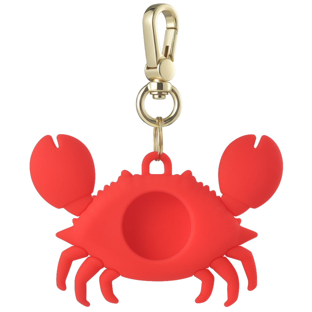 Back view of red silicone crab AirTag bag charm with cutout opening by Posh Tech