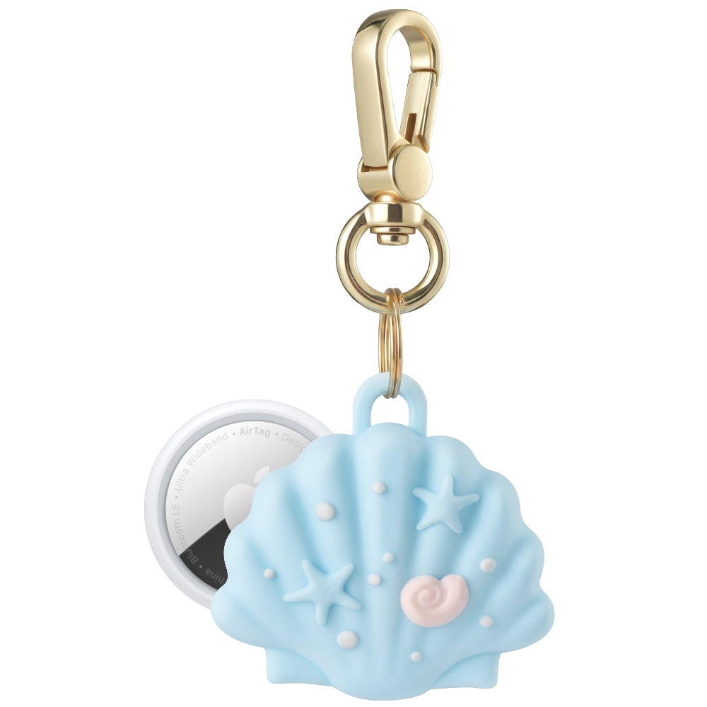 Posh Tech blue Seashell silicone AirTag bag charm shown with AirTag inserted, starfish and pearl detail