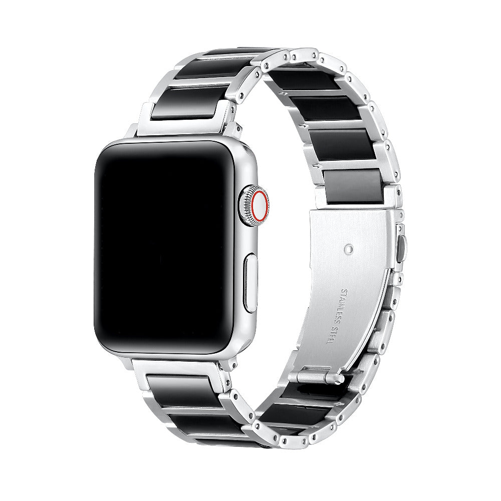 Alec Apple Watch Band in Silver/Black - alternating stainless steel and resin link band
