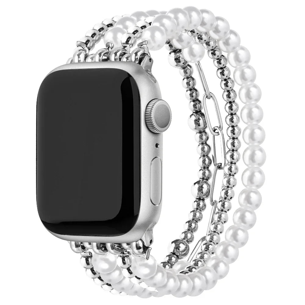 Penny Faux Pearl & Gold Beaded Apple Watch® Band – Elastic  display picture 1