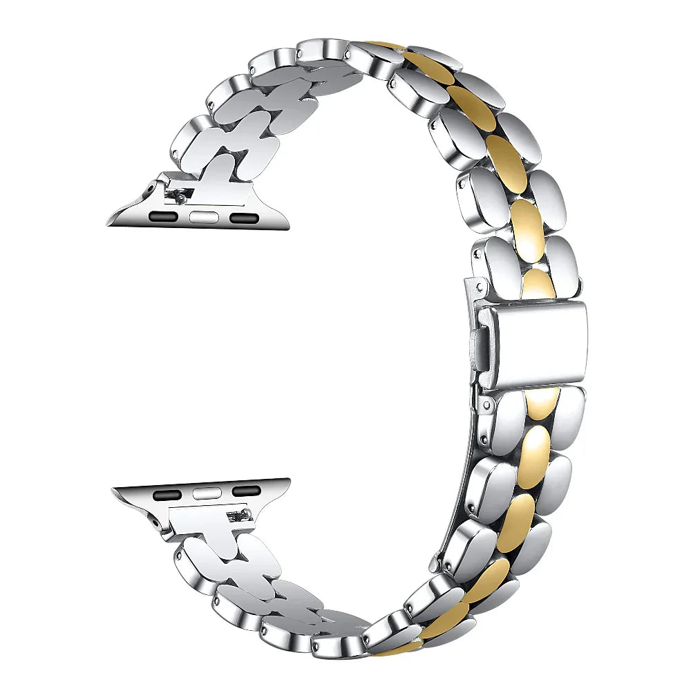 Emery Two-Tone Silver and Gold Stainless Steel Apple Watch® Band Close-Up of Links and Closure