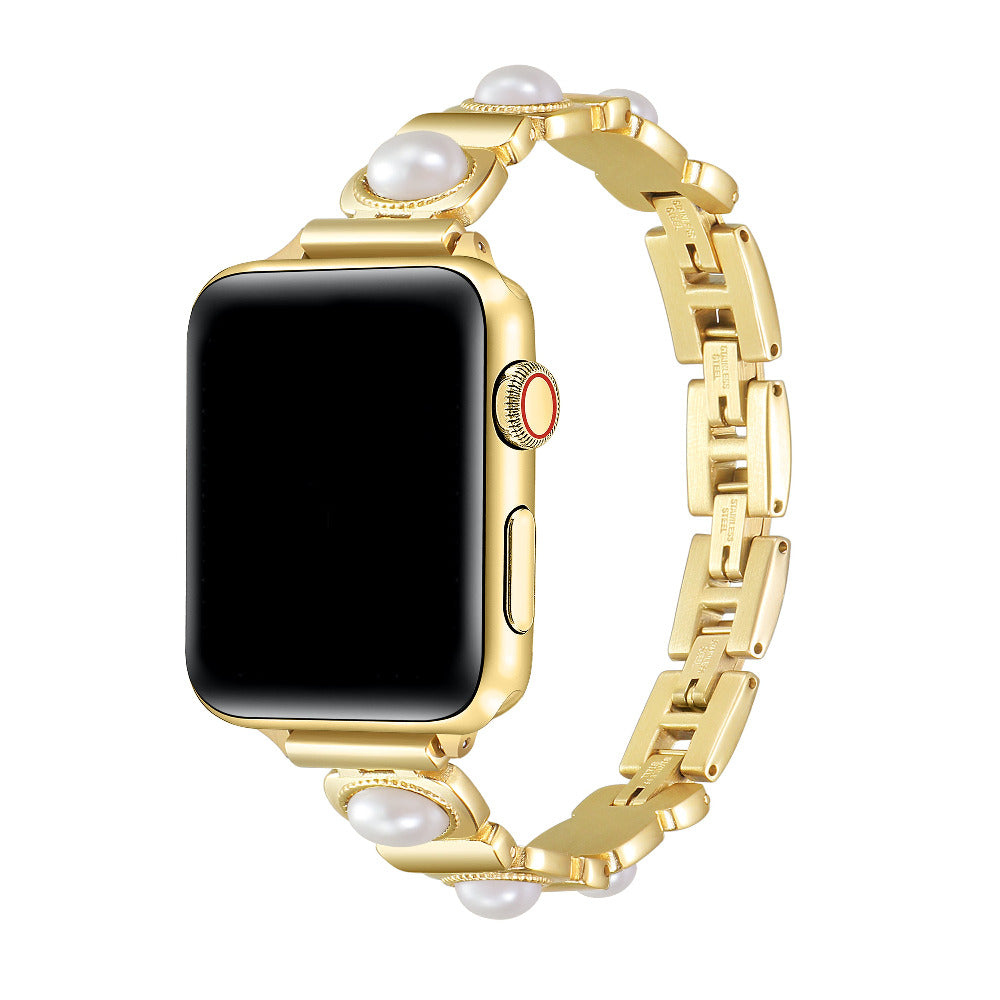 Posh Tech Gaia pearl and gold chain-link Apple Watch band with black case, front view