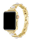 Posh Tech Gaia pearl and gold chain-link Apple Watch band with black case, front view