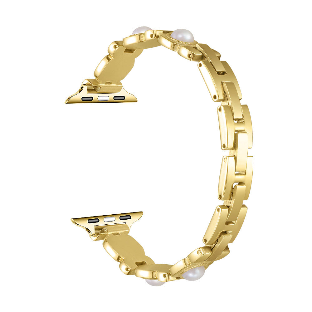 Posh Tech Gaia pearl and gold chain-link Apple Watch band, close-up of chain-link detail