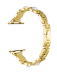 Posh Tech Gaia pearl and gold chain-link Apple Watch band, close-up of chain-link detail