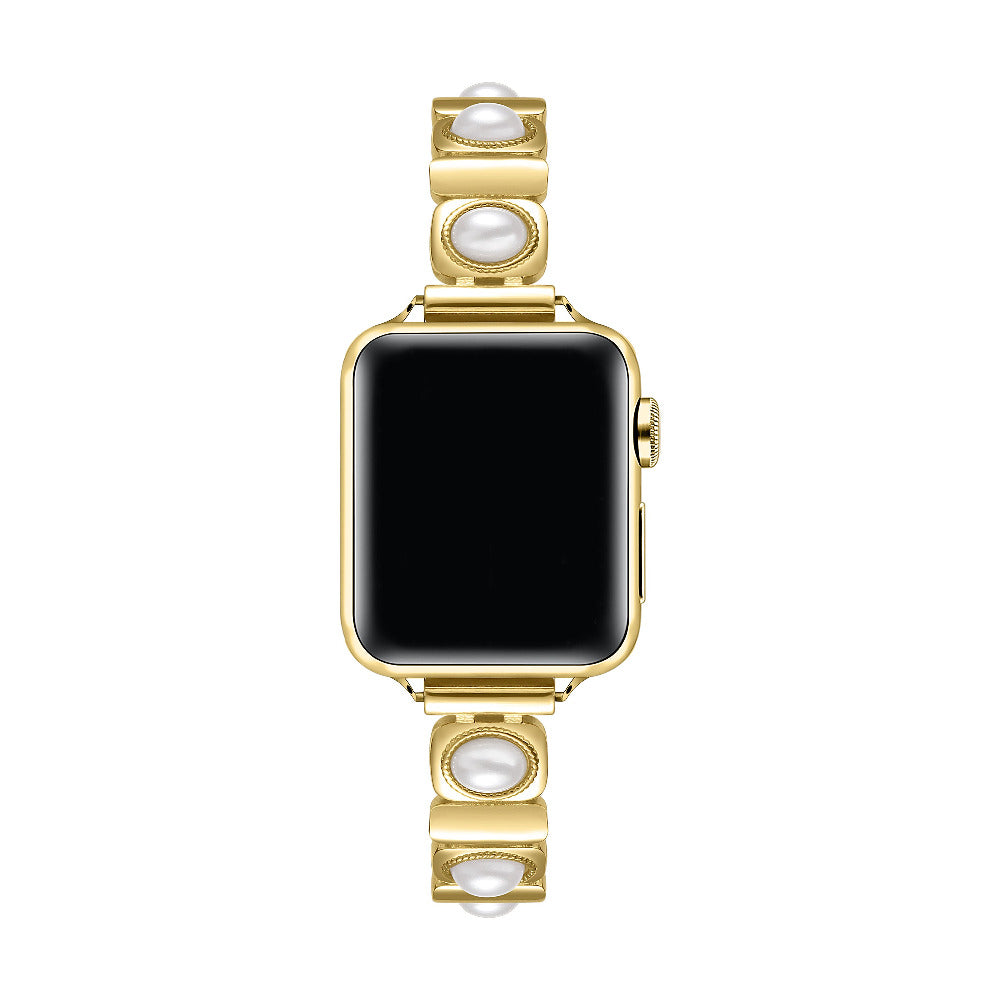 Posh Tech Gaia pearl and gold chain-link Apple Watch band on Apple Watch, side angle