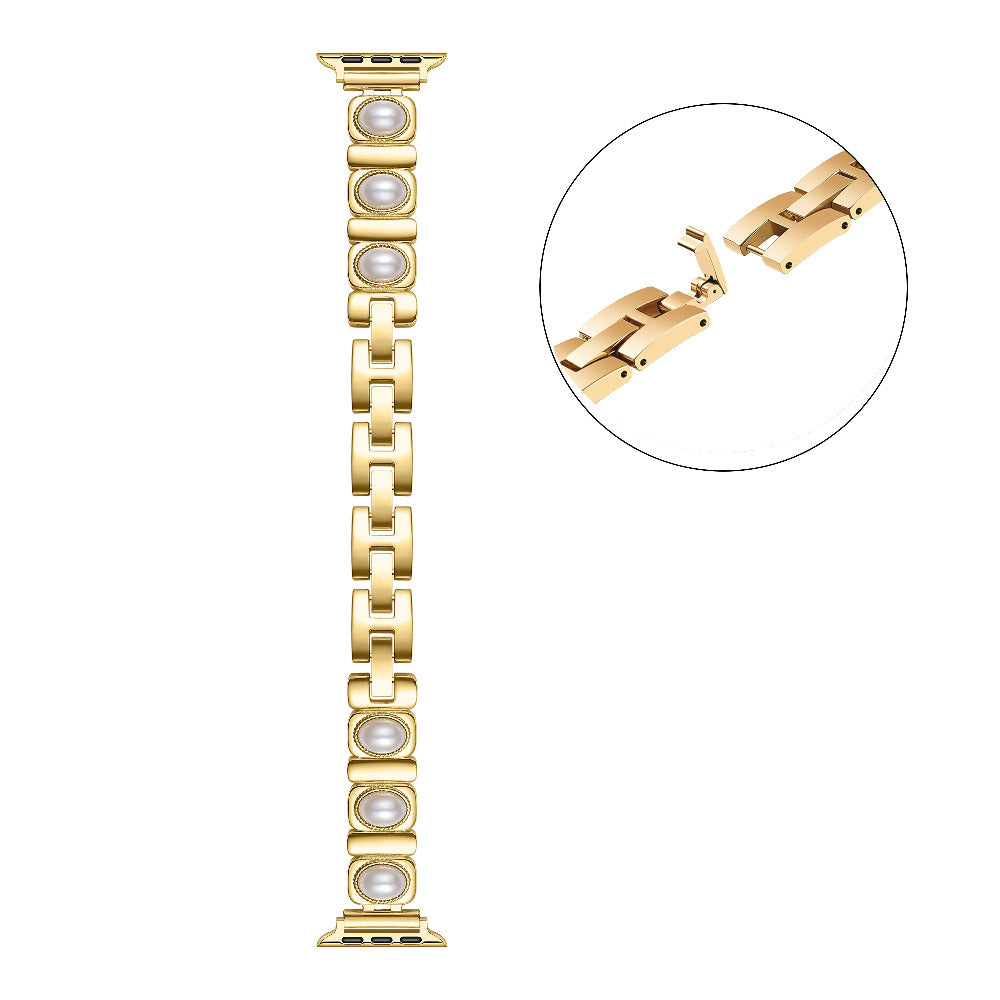 Posh Tech Gaia pearl and gold chain-link Apple Watch band, coiled full-length view