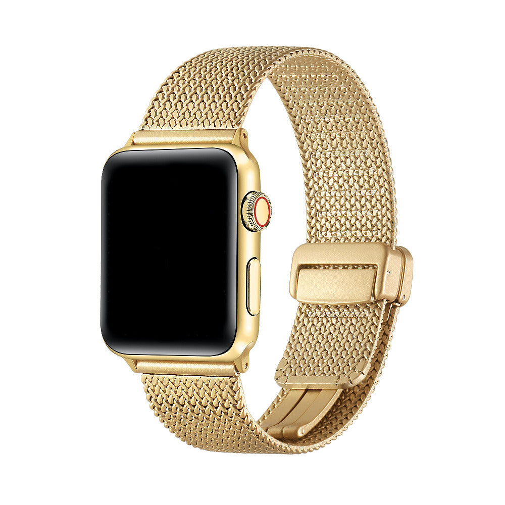 Gold Knit Band for Apple Watch worn on wrist, showing Milanese mesh design | Posh Tech