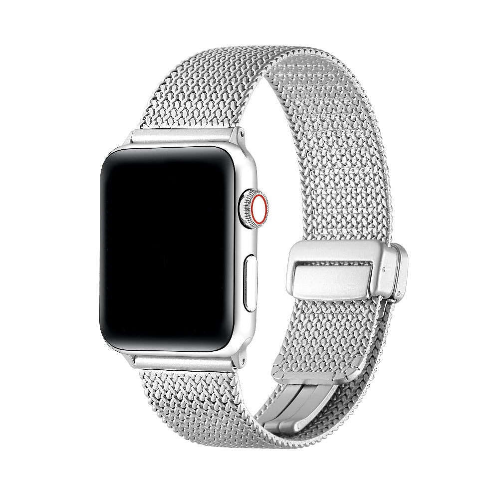 Silver Knit Band for Apple Watch worn on wrist, showing Milanese mesh design | Posh Tech