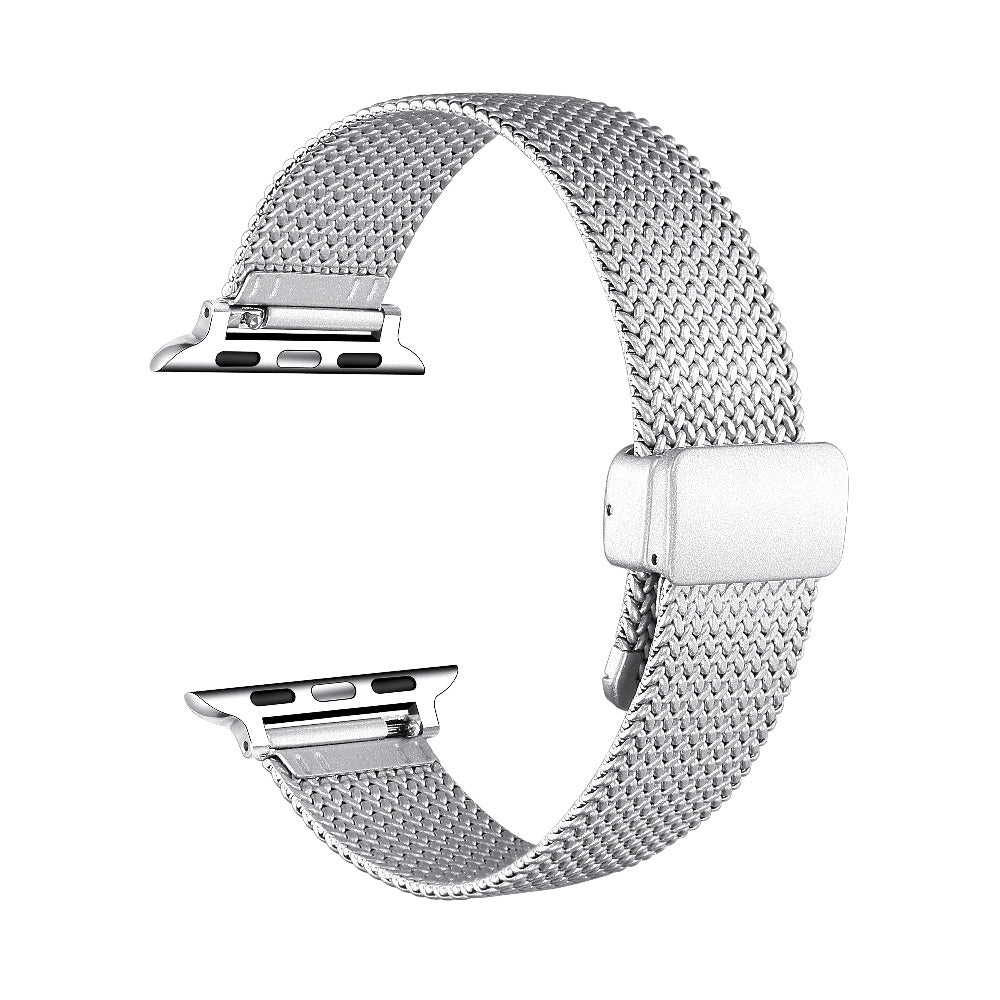 Silver stainless steel Knit Band Apple Watch clasp closure close-up | Posh Tech