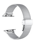 Silver stainless steel Knit Band Apple Watch clasp closure close-up | Posh Tech
