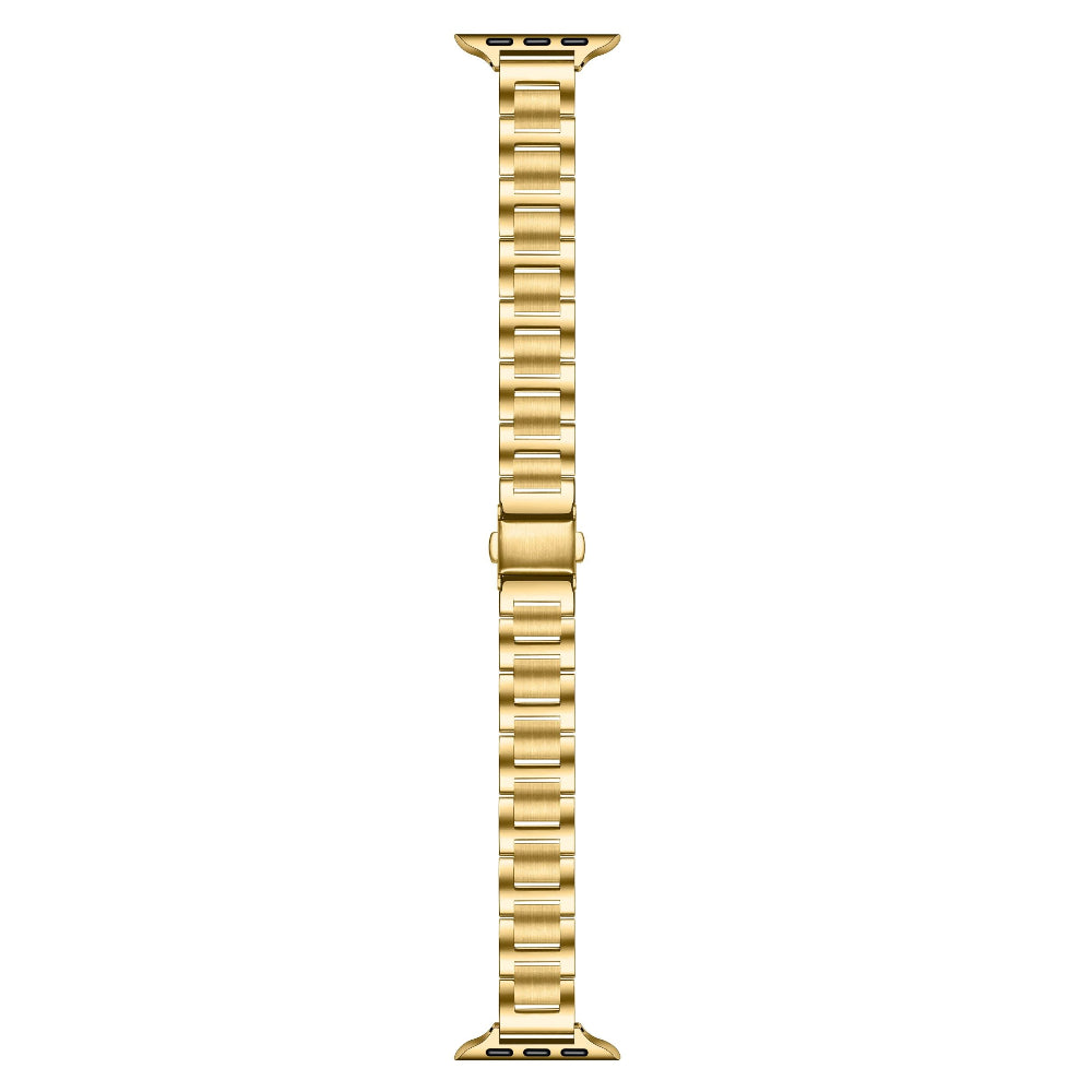 Gold slim stainless steel Apple Watch band, flat top-down view