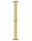 Gold slim stainless steel Apple Watch band, flat top-down view