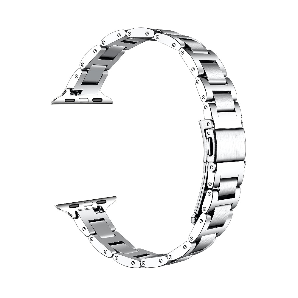 Silver slim stainless steel Apple Watch band, floating link layout