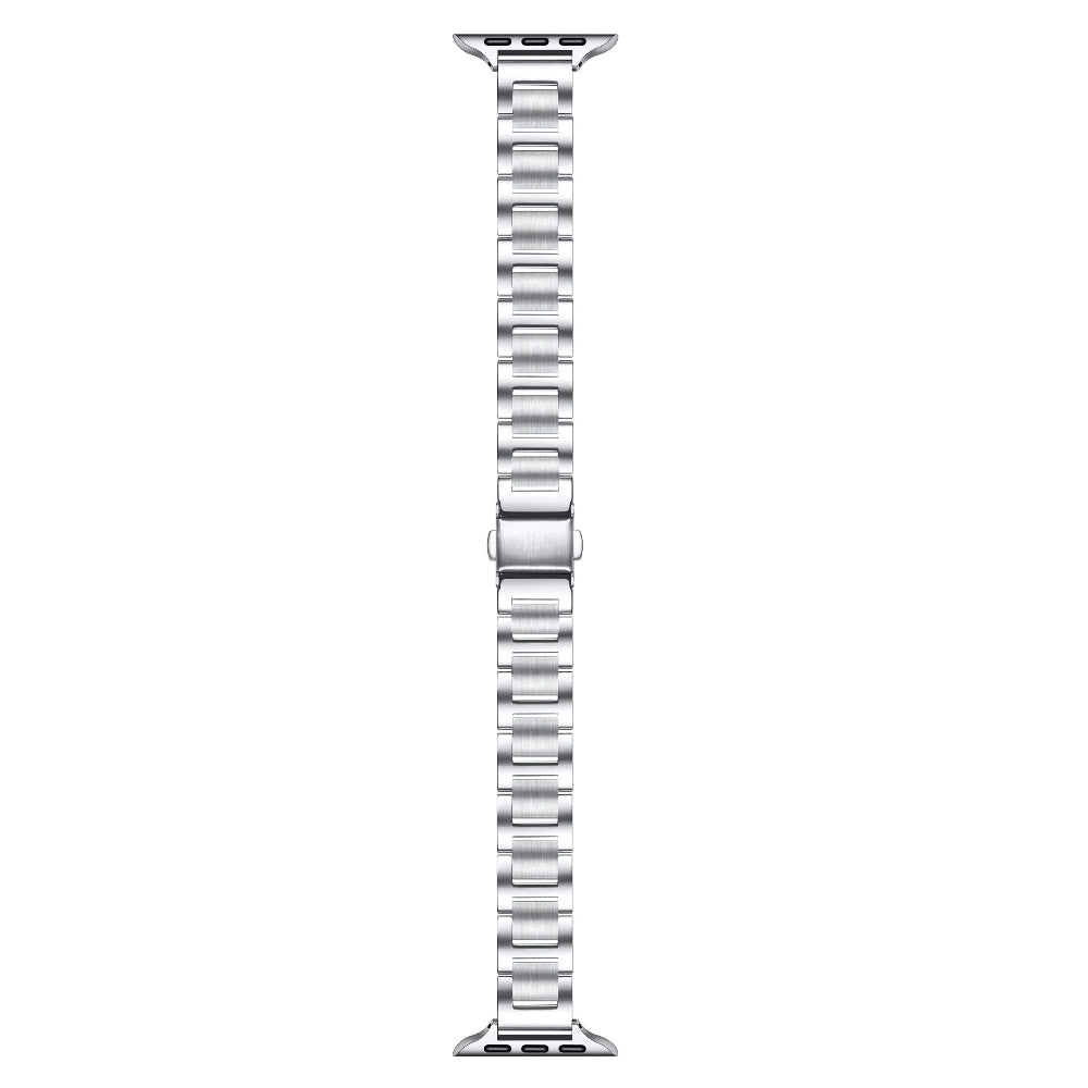 Silver slim stainless steel Apple Watch band, flat top-down view