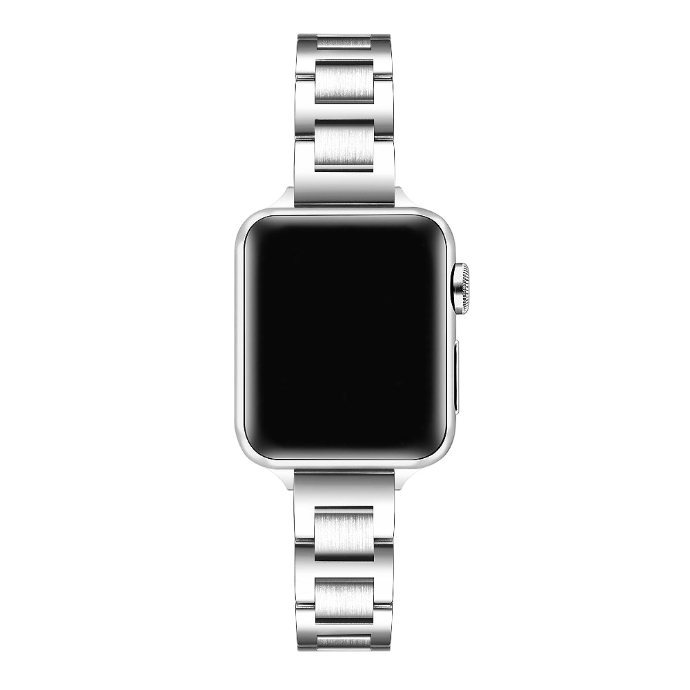 Silver slim Apple Watch band front-facing on watch face