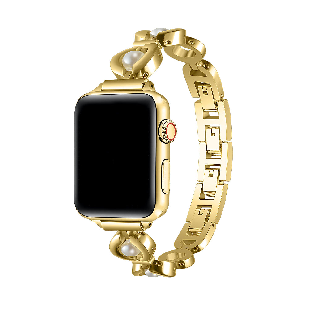 Posh Tech Millie gold metal Apple Watch band with pearl accents and chain links