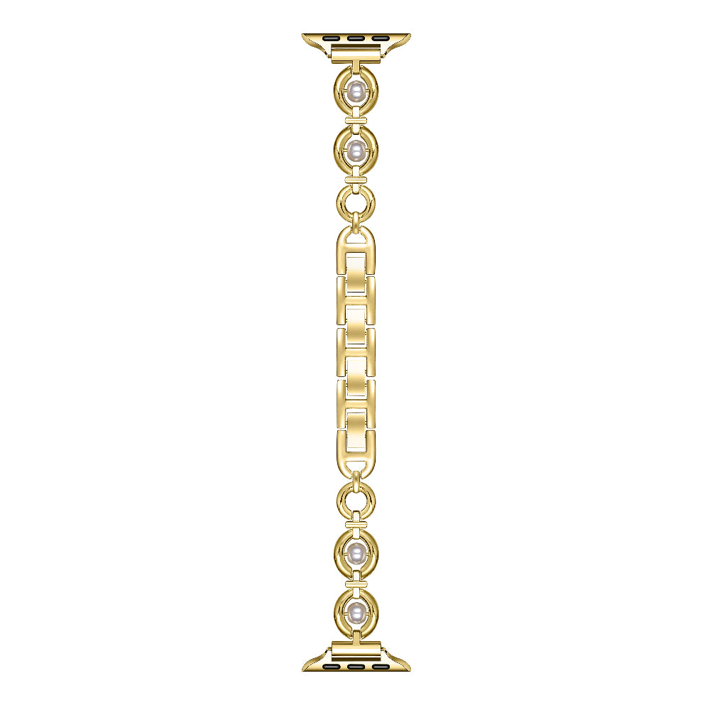 Flat lay of Posh Tech Millie gold pearl Apple Watch band showing full chain and pearl design