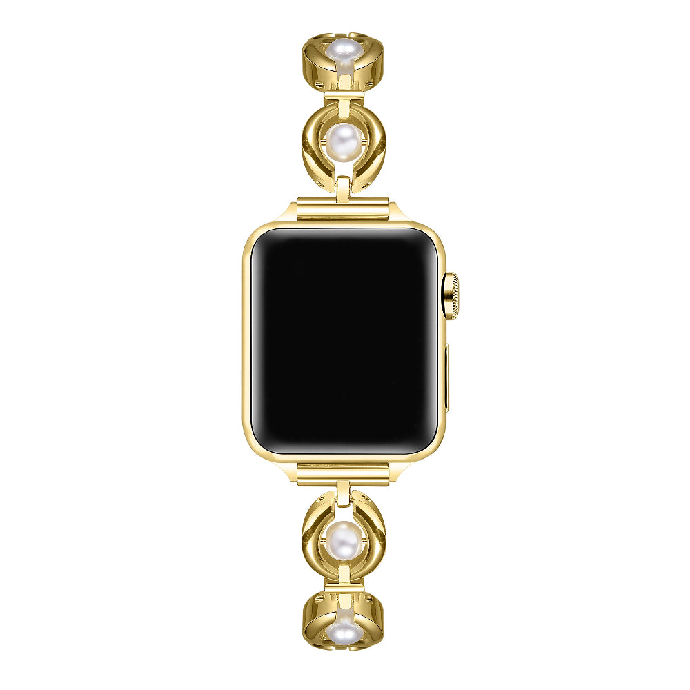 Front view of gold Millie Apple Watch band with pearl-set circular links by Posh Tech