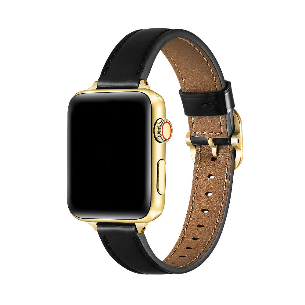 Carmen Patent Leather Band for Apple Watch in Black, worn on watch showing glossy patent leather and gold hardware