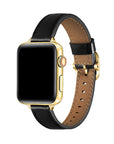 Carmen Patent Leather Band for Apple Watch in Black, worn on watch showing glossy patent leather and gold hardware