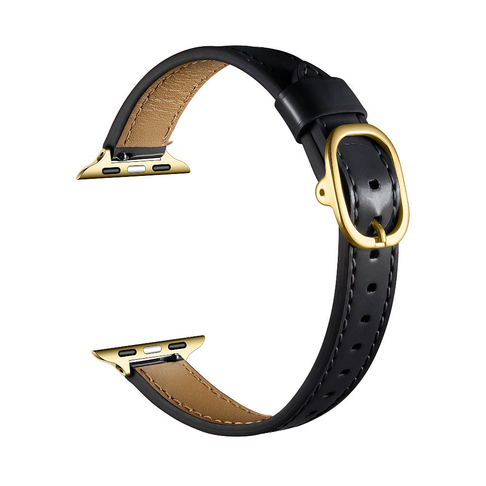 Black patent leather Apple Watch band, unclasped flat-lay view showing adjustable strap