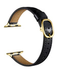 Black patent leather Apple Watch band, unclasped flat-lay view showing adjustable strap