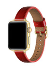 Carmen Patent Leather Band for Apple Watch in Crimson, worn on watch showing glossy patent leather and gold hardware