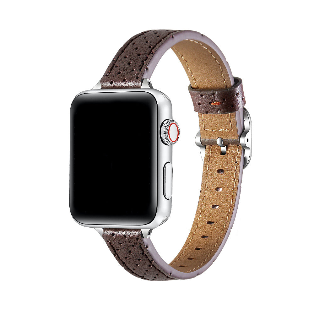 Carmen Perforated Leather Band for Apple Watch in Chocolate, worn on watch showing perforated leather texture and silver hardware