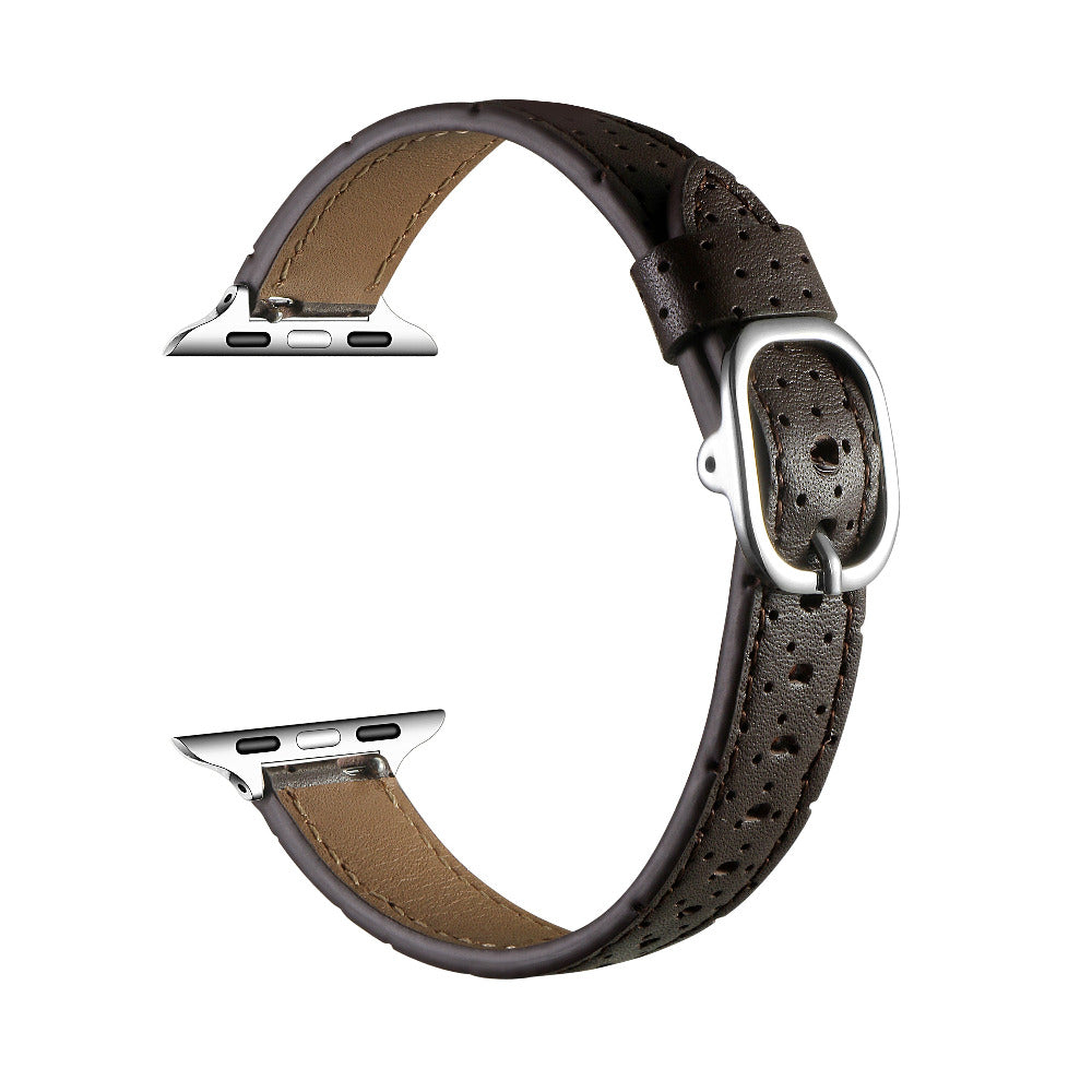 Chocolate perforated leather Apple Watch band, unclasped flat-lay view showing adjustable strap