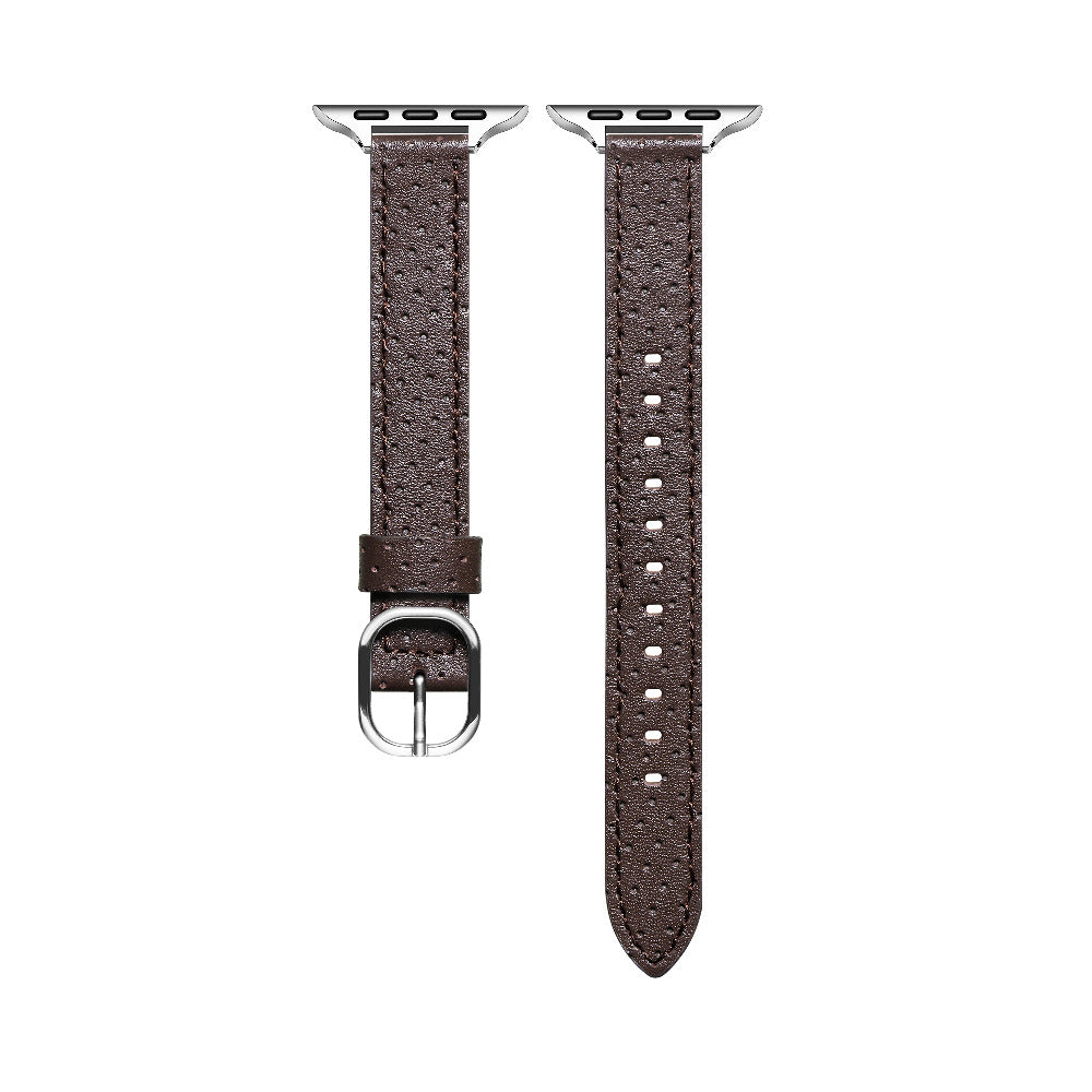 Chocolate perforated leather Apple Watch band laid flat, showing perforation pattern and stitching