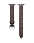 Chocolate perforated leather Apple Watch band laid flat, showing perforation pattern and stitching