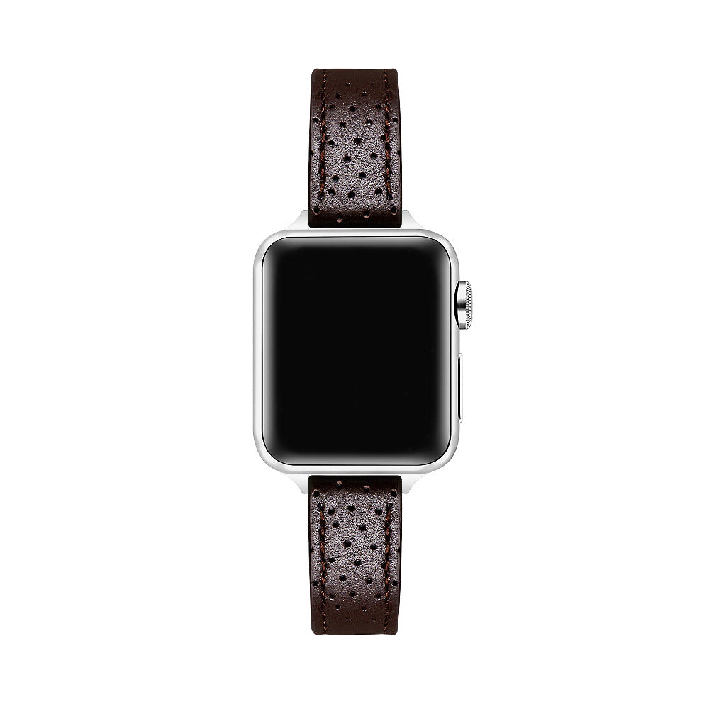 Apple Watch with Chocolate perforated leather band, top-down view showing silver case and black face