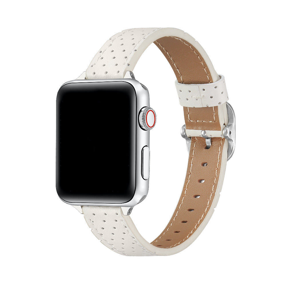 Carmen Perforated Leather Band for Apple Watch in Ivory, worn on watch showing perforated leather texture and silver hardware