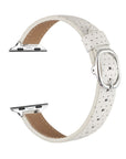 Ivory perforated leather Apple Watch band, unclasped flat-lay view showing adjustable strap