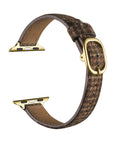 Carmen Tartan Apple Watch band in Caramel, unclasped and laid flat in a loop