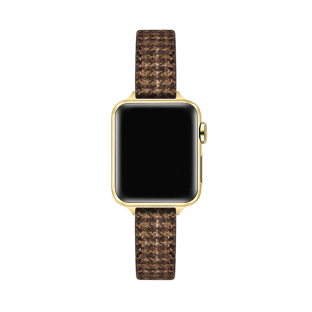 Carmen Tartan Apple Watch band in Caramel, top-down view fully assembled on Apple Watch