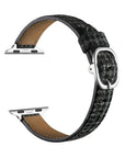 Carmen Tartan Apple Watch band in Midnight, unclasped and laid flat in a loop