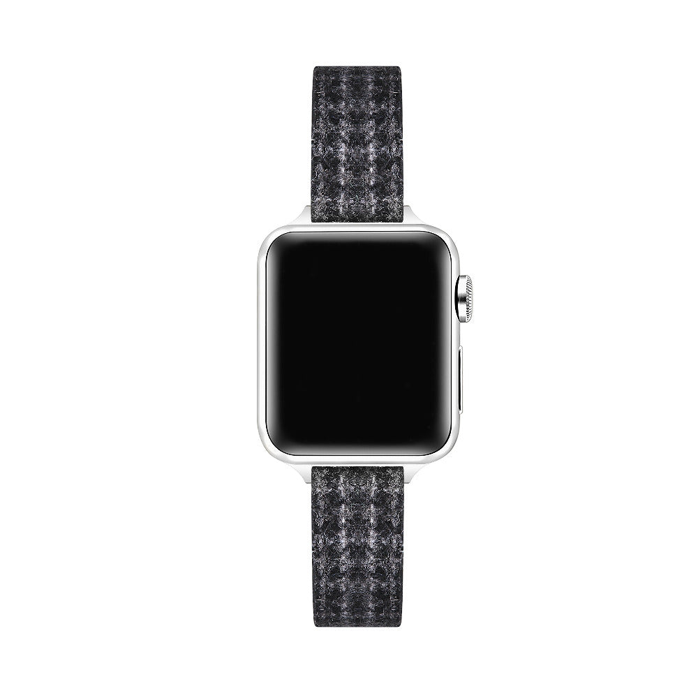 Carmen Tartan Apple Watch band in Midnight, top-down view fully assembled on Apple Watch