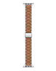 A brown leather watch strap with a silver metal buckle, shown vertically on a plain white background.