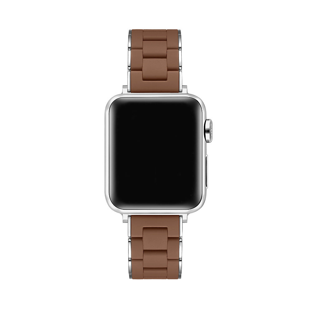 A silver smartwatch with a rectangular black screen and a brown silicone link band, shown from the front on a plain white background.