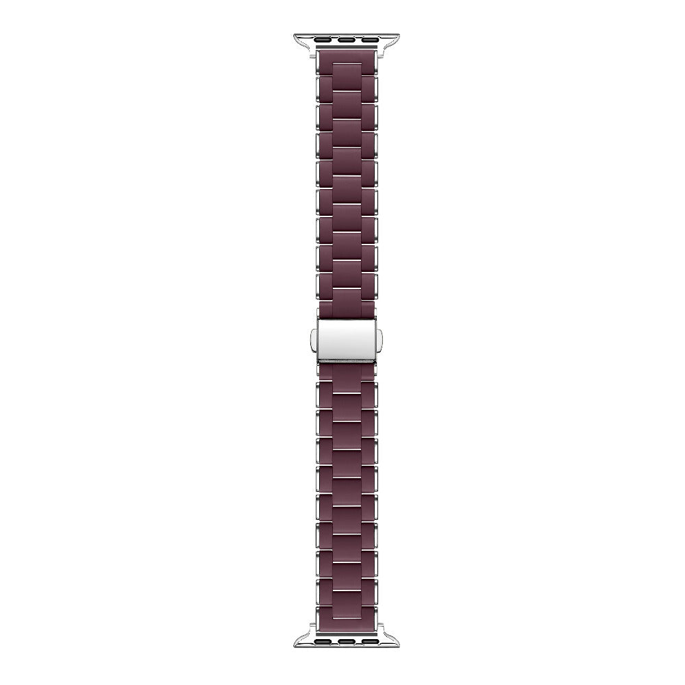 A dark burgundy leather watch band with a silver metal case clasp, shown vertically against a plain white background.