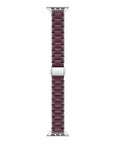 A dark burgundy leather watch band with a silver metal case clasp, shown vertically against a plain white background.
