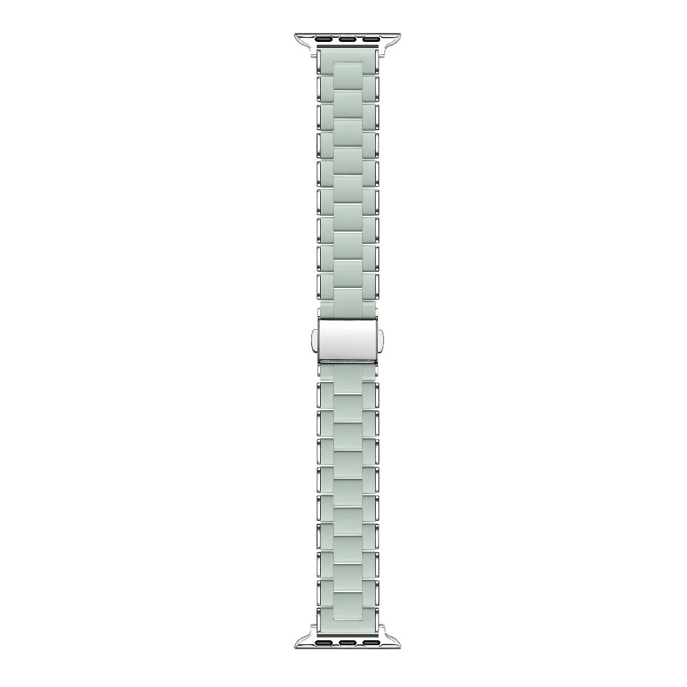 A mint green metallic link watch band with a silver buckle, shown vertically against a plain white background.