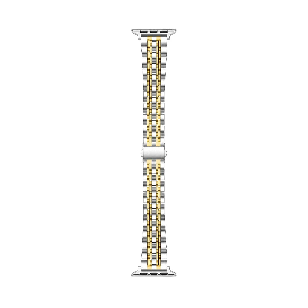 Wide Gold and Silver Two-Tone Metal Apple Watch® Band Close-Up of Brushed Links