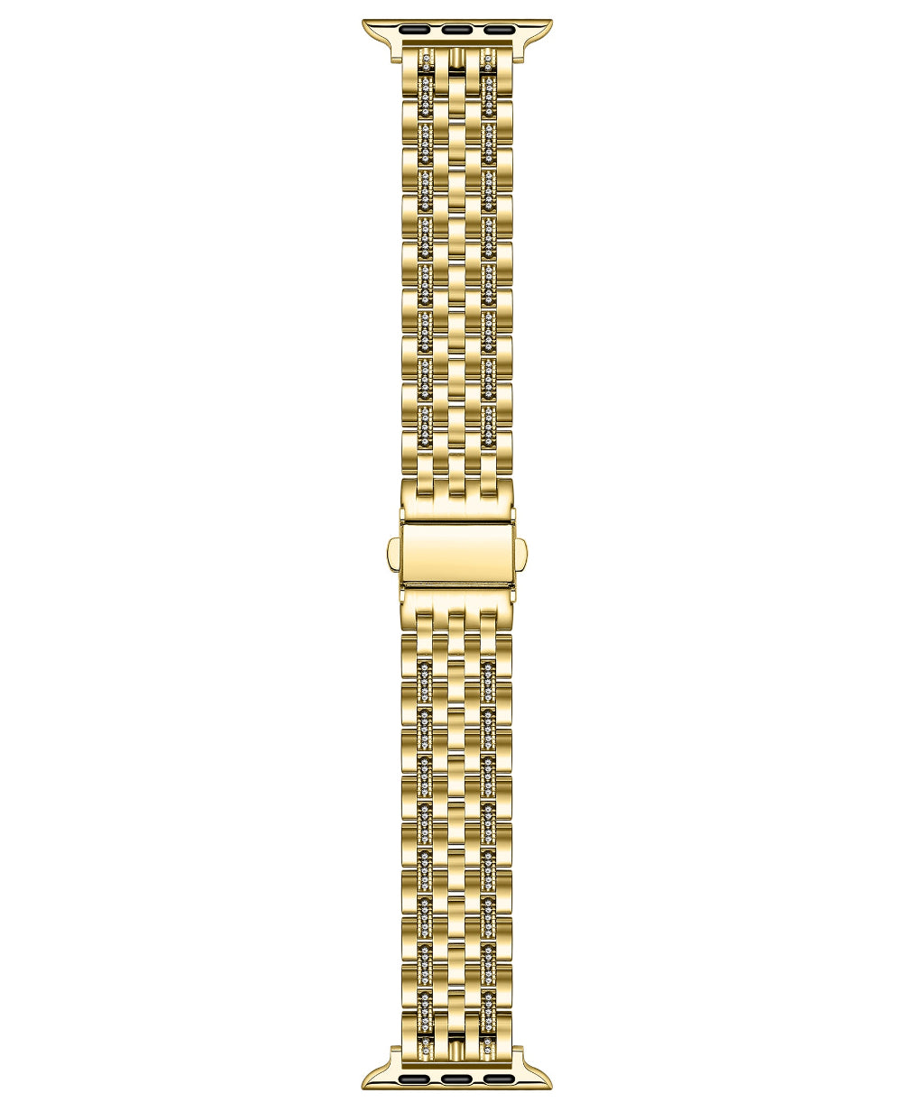 Gold rhinestone stainless steel Apple Watch band, flat top-down view